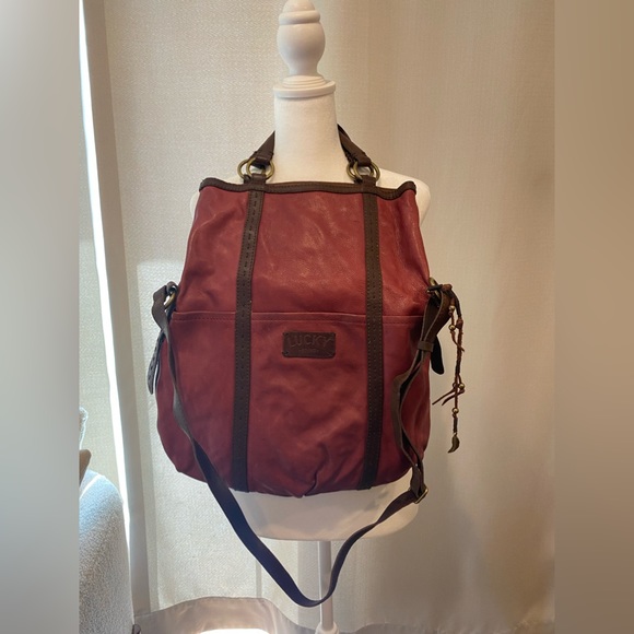 Lucky brand brown/burgundy shoulder satchel bag with stripped colored lining - Picture 2 of 12